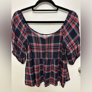 Francesca's Plaid Red & Blue Peplum Top, Size L